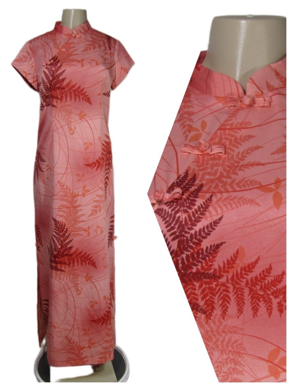VTG 70s Hawaiian Cheongsam Coral Pink Fern Palm Leaf Asian Maxi Dress M L Mod